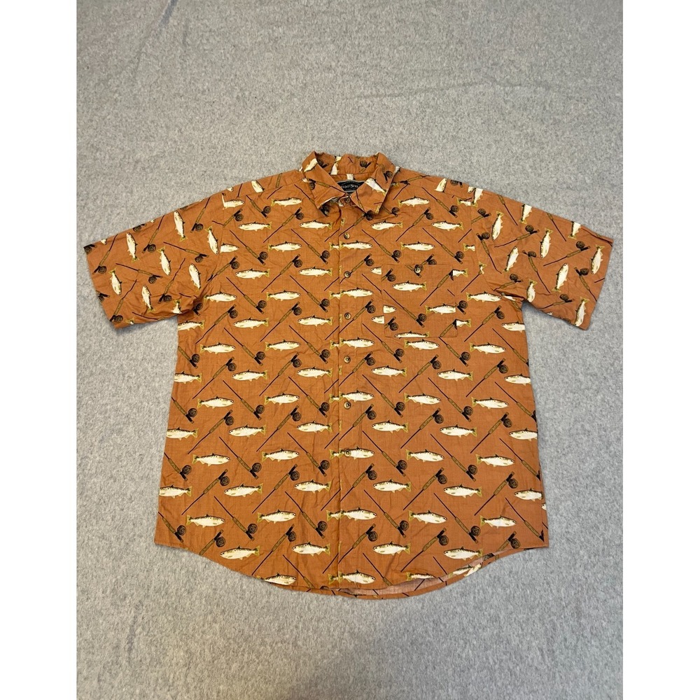 Field Stream Shirt Men's XL Brown‎ Short Sleeve Button Down All Over Fish Print